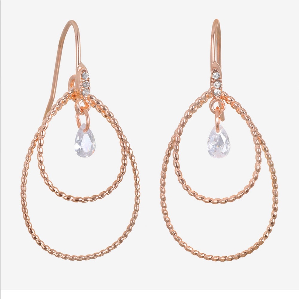 NWT CZ Diamond Rose Gold Orbital Drop Double Open Hoop Tear Drop Earrings
